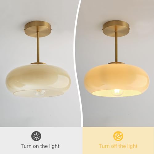 Mid Century Ceiling Light Fixtures Milk Glass Ceiling Lights Round Milk Yellow Shade Gold Brass Semi Flush Mount Ceiling Light Globe Glass Ceiling Lamp for Hallway Dining Room Kitchen - color: Milk yellow-2