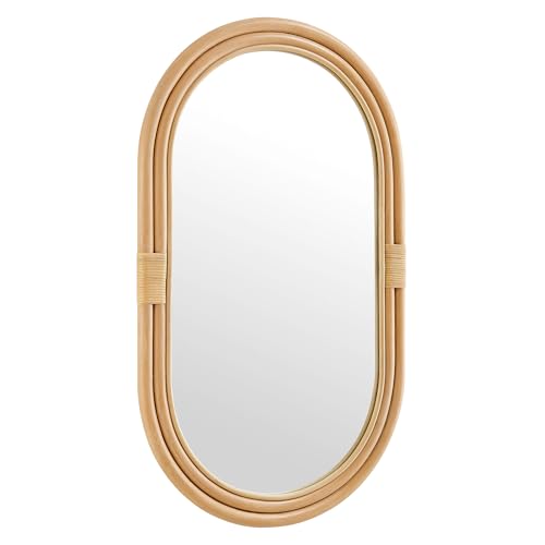 Modway Corsica Oval Rattan Wall Mirror in Natural with Natural Frame – Boho Coastal Hanging Accent Mirror for Bathroom, Bedroom, or Entryway