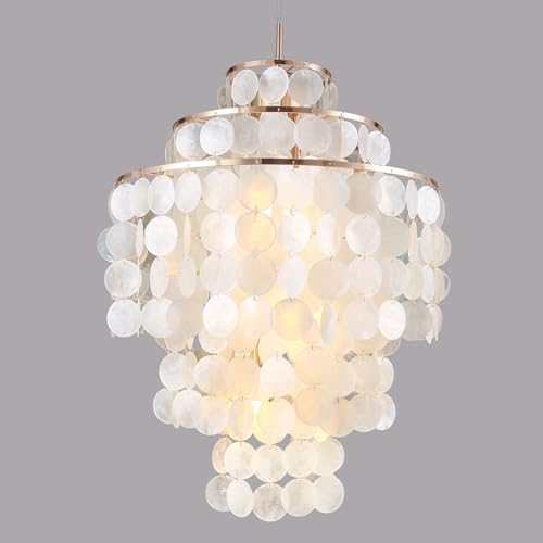 Capiz Shell Chandelier,18" Gold Coastal Chandelier Light Fixture with 4 Lights Capiz Seashell Pendant for Living Room Foyer Kitchen Island Entryway Dining Room Bedroom,LED Bulb Included - size: 18 inch