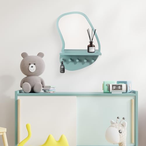 SANY DAYO HOME Wall Mount Wood Frame Irregular Mirror with 5 Wooden Hooks and Shelf, Modern Decorative Hanging Mirror for Entryway, Bedroom, Living Room (16″ x 12″, Turquoise) - color: Turquoise