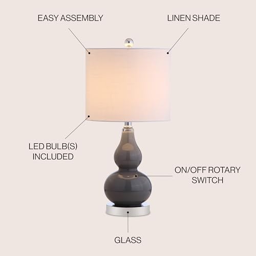 JONATHAN Y 20.5" Gray Glass Table Lamp, Modern Gourd Bedside Nightstand Lamp for Bedroom, Living Room, White Linen Shade, LED Bulb Included JYL1028A - color: Gray, size: Single