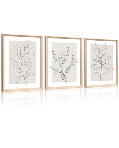 HesenDot 12x16in Botanical High Framed Wall Art Set of 3, Minimalist Line Drawing Plant Canvas Prints, Neutral Modern Nature Wall Decor for Living Room Bedroom Bathroom Office - color: Framed Boho Floral Set, size: 16"L x 12"W