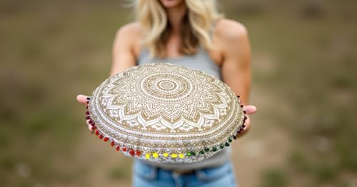 Round Mandala Floor Pillow Cover Seating Cushion Throw Cover Hippie Decorative Bohemian Ottoman Pouf Cover, Pom Pom Pillow Cases,Boho Indian 22 Inches (White Gold) - color: White Gold
