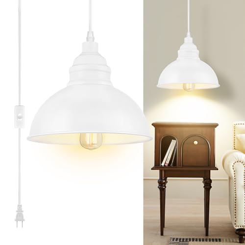 Plug in Pendant Light, 15FT Hanging Lights, On/Off Switch, Industrial Pendant Light with Plug in Cord, Metal Hanging Lamps for Living Room, Kitchen, Dining Room White - color: White