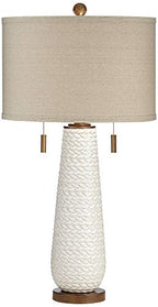 Possini Euro Design Kingston Mid Century Modern Table Lamp 32 3/4" Tall White Grooved Patterned Ceramic Taupe Drum Shade for Bedroom Living Room House Bedside Nightstand Home Office Entryway Family