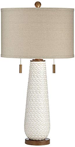 Possini Euro Design Kingston Mid Century Modern Table Lamp 32 3/4" Tall White Grooved Patterned Ceramic Taupe Drum Shade for Bedroom Living Room House Bedside Nightstand Home Office Entryway Family