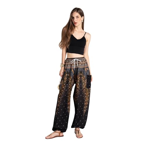 Tranquil Threads Women's Harem Pants with Pockets and Drawstring, Hippie Boho Yoga Clothes - color: Golden Black, size: X-Small