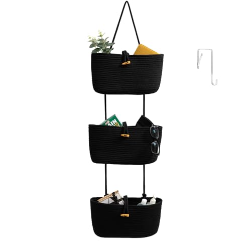 TeoKJ Over the Door Hanging Baskets with Button Strap, 3-Tier Woven Cotton Storage Organizer Bag, Wall-Mounted with Hook Decorative Hanging Nursery Baskets - Black - color: Black, style: 3 tier+Button