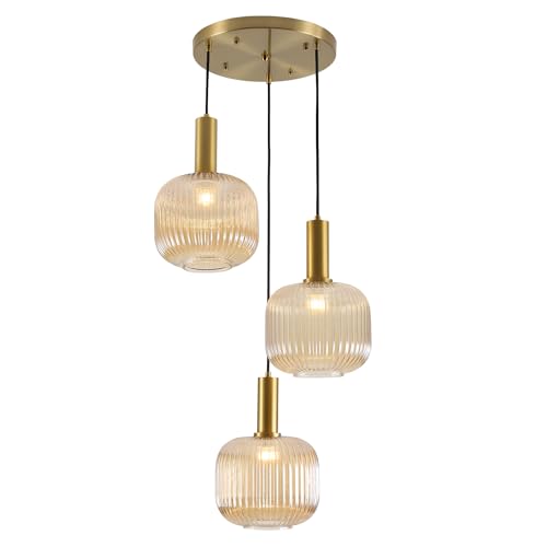 BOKT Gold Cluster Globe Glass Ceiling Chandelier 3-Light Amber Hanging Pendant Light Brushed Brass Dining Room Chandelier Stair Adjustable Hanging Light Fixture for Corridor Entryway - color: Amber 3-Light