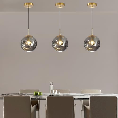 Modern Smoke Gray Concave Glass Pendant Light, 3-Pack Kitchen Island Lighting Single Globe Pendant Light Fixtures Century Kitchen Island Pendant Light for Bedroom Dining Room Light (Without Bulbs) - color: AX-Smoky Gray-1 Light-3PC