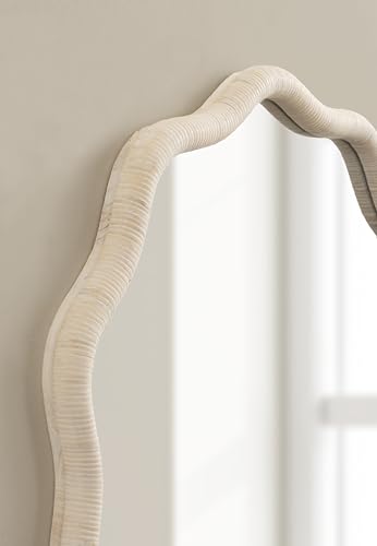 Kate and Laurel Rahfy Boho Scalloped Round Rattan Mirror, 32 Inch Diameter, White, Decorative Round Wavy Mirror with Authentic Rattan Frame for Boho Wall Decor