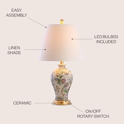 JONATHAN Y 24" Multi-Colored/Gold French Country Ceramic Floral Urn Table Lamp, White Linen Shade, Chinoiserie Ginger Jar Bedside Lamp for Living Room Bedroom, LED Bulb JYL3009A - color: Multicolor