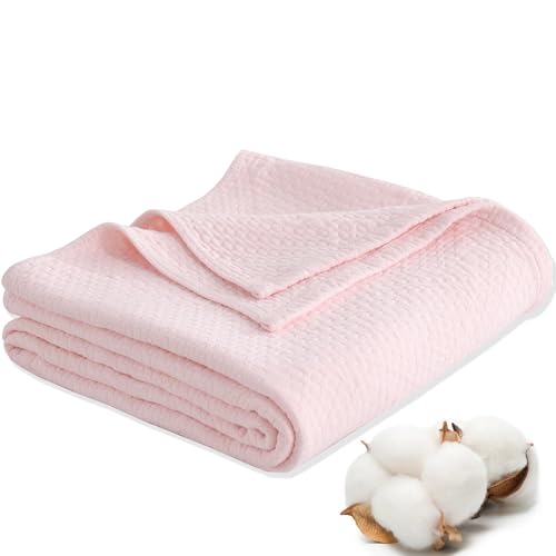 Premium 100% Cotton Blanket – All-Season Soft Breathable Bed Blanket for Twin Size – Lightweight Stylish Textured Throw for Bed– Giftable Cozy Bedding - color: Pink, size: Twin(60" x 80")