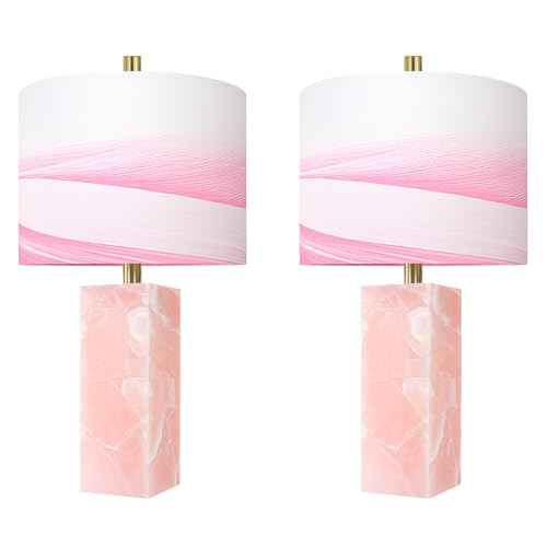 Scenekoy 23" Alabaster Table Lamp Set of 2 with Night Light for Bedroom Living Room, Rotary Switch, Pink Modern Table Lamp with Linen Shade, Nightstand Lamps for Room Bedside Office (Bulb Included) - color: Pink