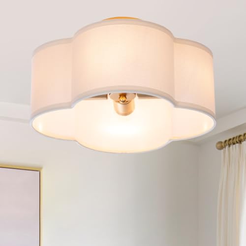 VILUXY Modern Flush Mount Ceiling Light Fixture Farmhouse White Fabric Semi Ceiling Lamps with Gold 4 Lights Drum Shade for Bedroom Dining Room Entryway Hallway Nursery - color: Off-White