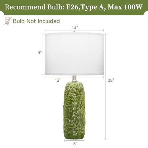EUO 25” Green Lamps Set of 2 with Leaves Design for Living Room, Bedroom, Retro Ceramic Table Lamps for Nightstand Set of 2 - color: Green-L