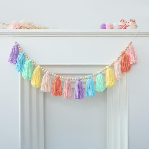 DCJHFJ Pastel Rainbow Boho Tassel Garland Wall Hanging with Wood Beads for Baby Shower Birthday Party Classroom Dorm Nursery Decor - color: Macaron