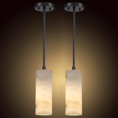 2 Pack 1 Light Hanging Natural Polyhedral Alabaster Marble Pendant Ceiling Light Fixture,Modern Industrial Farmhouse Kitchen Island Light Black Finish Over Sink Restaurant bar Corridor - color: Black 3.6" Polyhedral Marble, size: 2 Pack