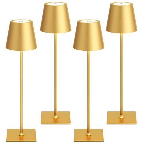 Kakanuo Gold Cordless Rechargeable Table Lamp 5000mAh Battery Operated Lamps, 3 Colors Stepless Dimming Touch Lamp for Dining, Living Room, Outdoor Patio, Kitchen Counter, 4 Pack - color: Gold 1, size: 4 Pack 14in - Up and Down Light