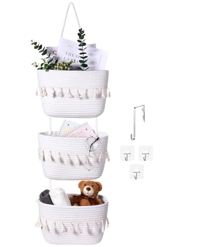 SiliFine Over the Door Hanging Basket Boho Woven Wall Hanging Baskets 3-Tier Cotton Wall Mounted Storage Organizer Bag Macrame Decorative for Kitchen Laundry Room Stairs(White) - color: White