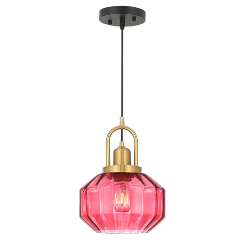 9in Mid Century Modern Pendant Light, Gold Small Wine Red Glass | Vintage Lighting Fixture Ceiling Hanging Lamp for Kitchen Island Foyer Dining Room Bedroom Entryway Hallway Over Sink Table - color: Wine Red & Gold Hardwire, size: 9in