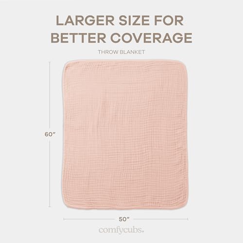 Comfy Cubs Muslin Throw Blanket - 50” x 60” Quilted Design - Lightweight, Breathable 6-Layer Gauze Fabric - Soft Cotton Blanket for Home or Travel - Packaged in Elegant Gift Box - Blush - color: Blush, size: Throw - 50" X 60"
