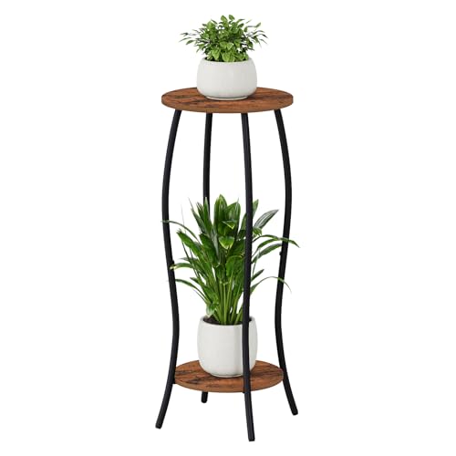 YINMIT Plant Stand Indoor, Tall Plant Stand, 2 Tier Plant Shelf Holder, Metal 4-Leg Corner Plant Stand for Indoor Plants, Wood Round Flower Stand for Living Room Balcony Garden, Retro