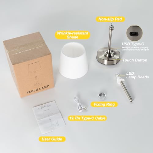 Kakanuo Rechargeable Cordless Table Lamp Silver - 1 Pack 4000mAh Battery Operated Lamp, 3000K Warm Light, Touch Control Stepless Dimming, for Bedside, Dining Table, Home Decor - color: Silver, size: 1 Pack - 15.6in