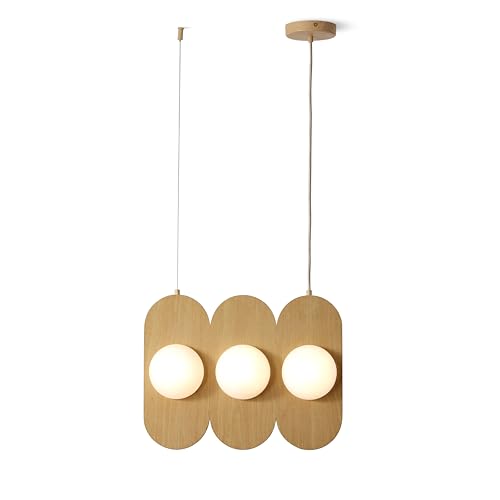 Orbita - Modern 3-Light Wood Linear Pendant Fixture, Frosted Glass Globe Shades, Integrated LED, Warm White, Adjustable Hanging Ceiling Light for Dining, Kitchen, Living Space - color: Orbita - 3 Light