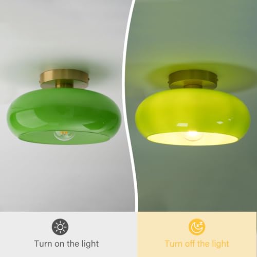 Green Ceiling Light - Mid Century Modern Flush Ceiling Light with Milk Glass Globe and Dark Green Lamp Shade in Brushed Brass for Dining Room - color: Flush-Green