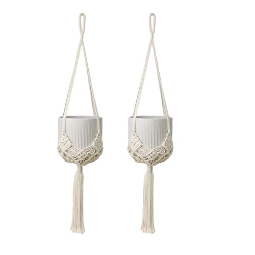 2 Pack Macrame Hanging Planters with Patterns - Stylish Plant Hangers Crochet Boho Plant Holder Hanging Plant Basket for Up to 6 Inch Pots(White) - color: White