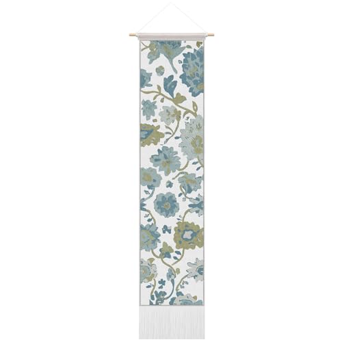 Gilprop Vintage Vertical Tapestry, Wall Hanging Decor, 52 x 13 Inch Rectangle Oushak Boho Blue Turkish Long Reference Illustrative Botanical Tassel Tapestry for Living Room Bedroom Office Home
