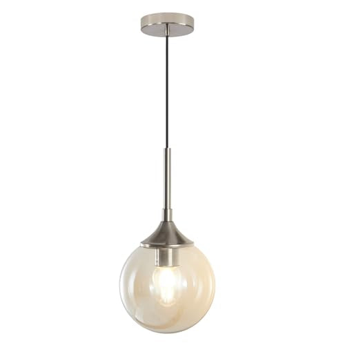 KCO Lighting 7.1" Amber Glass Pendant Light Brushed Nickel Pendant Lighting Modern Globe Pendant Light Mid Century Hanging Light Small Pendant Lights for Kitchen - color: Silver+Amber