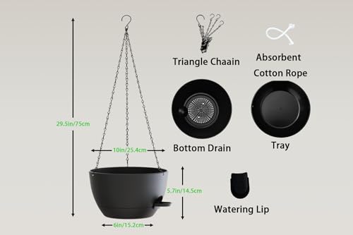 Hanging Planters, 3-Pack 10 Inch Self-Watering Pots with Drainage Holes and Chains, Matte Plastic Planters for Indoor/Outdoor Plant（Black） - color: Black, size: 10 inches