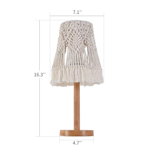 16" Tall Table Lamp Set of 2, Handwoven Macrame Shade & Solid Wood Base, Bohemian Style Bedside Lamp for Living Room, Bedroom, Study Office Decor