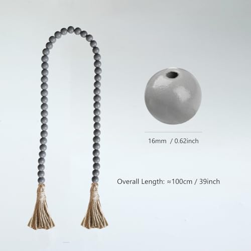 Boho Decor Wood Beads Garland Farmhouse Wall Hanging Decorations Natural Wooden Bead Tassel Decorative for Coffee Table Christmas and Prayer (Gray, 39") - color: Grey, size: 39"