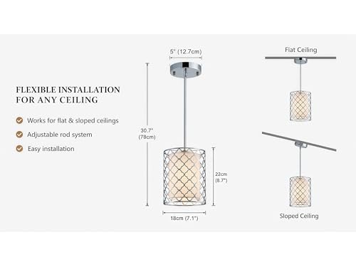 Shrine Lighting Drum Light Fixtures, Perfect Drum Pendant Light for Dining Room, Kitchen, D7'' x H9'', Adjustable Rob 11.8''~23.6'', E26*1 Sockets, Beige Linen Fabric Lampshade & Silver Mesh Cover - color: Silver&Pendant D7''