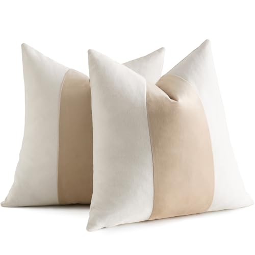 AmHoo Pack of 2 Velvet Panel Cotton Pillow Covers Decorative Pillowcase Cushion for Couch Sofa Bedroom 18 x 18-Inch Beige - color: Beige, size: 18" x 18" (Pack of 2)