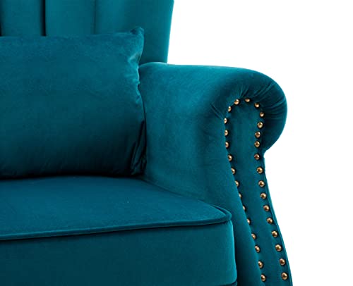 Kmax Teal Blue Accent Chair Velvet Wingback Chair with Pillow Nail-Head Channel Tufted Oversized Club Chair for Living Room Bedroom Guest Room - color: Teal Blue