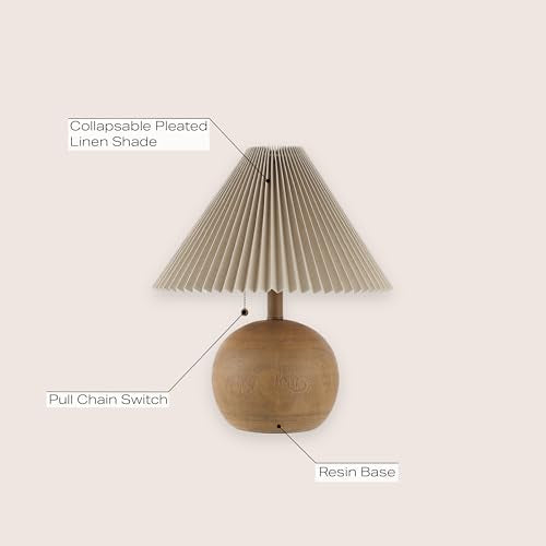JONATHAN Y 17.25" Brown Wood Finish Sphere Table Lamp, Mid-Century Bedside Nightstand with Beige Pleated Linen Shade, Scandinavian Coastal Style, LED Bulb Included JYL1145A - color: Brown Wood Finish