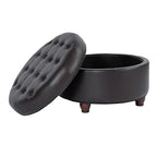 HomePop 25" Button Tufted Round Storage Ottoman - Distressed Brown Faux Leather - color: Brown