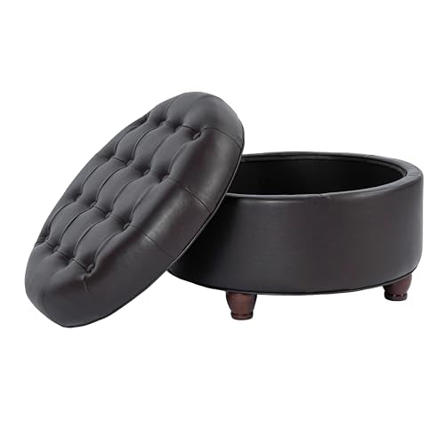 HomePop 25" Button Tufted Round Storage Ottoman - Distressed Brown Faux Leather - color: Brown