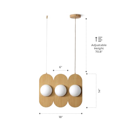 Orbita - Modern 3-Light Wood Linear Pendant Fixture, Frosted Glass Globe Shades, Integrated LED, Warm White, Adjustable Hanging Ceiling Light for Dining, Kitchen, Living Space - color: Orbita - 3 Light