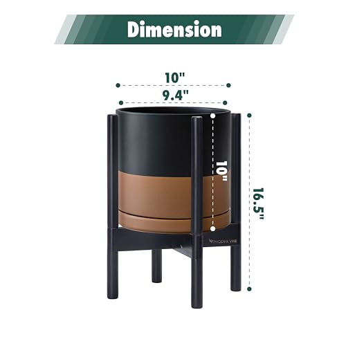 D'vine Dev Ceramic Planter with Ebony Stand - 10 Inch Modern Round Flower Pot with Wood Planter Holder, Black/Speckled Tan, 55-B-L-7 - color: Black/Speckled Tan Pot + Ebony Stand, size: 10 Inch