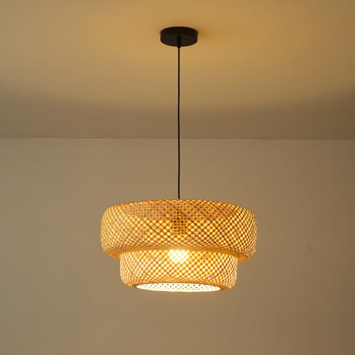 Bamboo Lamp Shade,Hand-Woven Bamboo Rattan Hanging Light Shade,13.77" Rattan Chandelier Shade for Dining Living Bedroom Kitchen Farmhouse 1-Pack - color: Bamboo 13.77 in 1-Pack