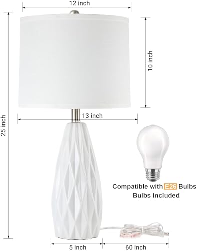 25'' Table Lamp White Table Lamps Modern Ceramic Lamps for Night Stand - Dimmable Bedside Lamps for Nightstand, Bedroom Lamp for Living Room Desk End Table Office Guest Room - color: White