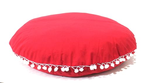 Round Mandala Floor Pillow Cover Seating Cushion Throw Cover Hippie Decorative Bohemian Ottoman Pouf Cover, Pom Pom Pillow Cases, Boho Indian (Red, 22" Round) - color: Red, size: 22"D x 4"W x 22"H