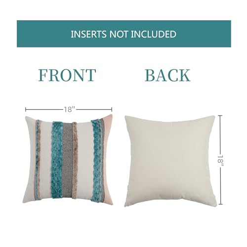Boho Pillow Covers 18x18 Set of 2 for Couch-Modern Farmhouse Sofa Decorative Teal Throw Pillow Covers Textured Chenille Cushion Covers Outdoor Netural Bohemian Pillow Cases Square - color: Teal Stripe