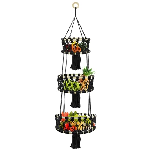 3-tier Hanging Fruit Baskets for Kitchen, Woven Cotton Rope Fruit Hammock, Macrame Hanger Holder for Fruit Vegetable Produce Storage & Organization, Boho Hanging Plant Holder for Indoor Outdoor - color: Black