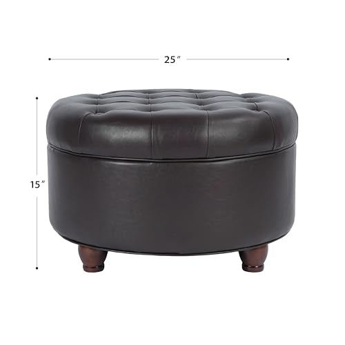 HomePop 25" Button Tufted Round Storage Ottoman - Distressed Brown Faux Leather - color: Brown